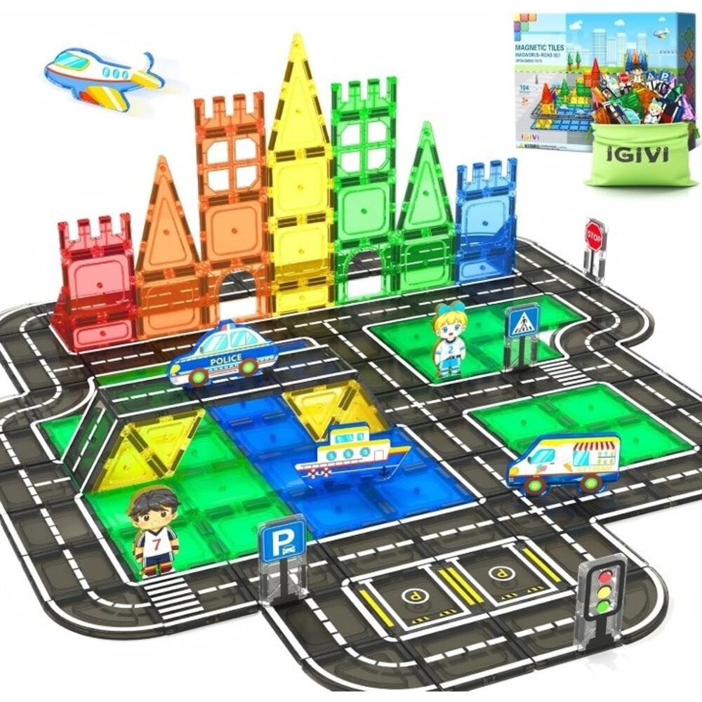 104 PCS Magnetic Tiles Road Set STEM Building Blocks – Kids City Track Toy Ages